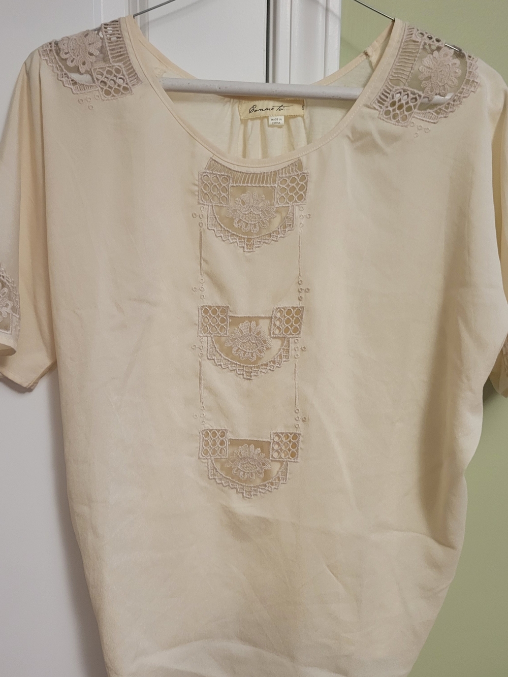 Connie Cream Embroidered Scoop Neck Short Sleeve Blouse